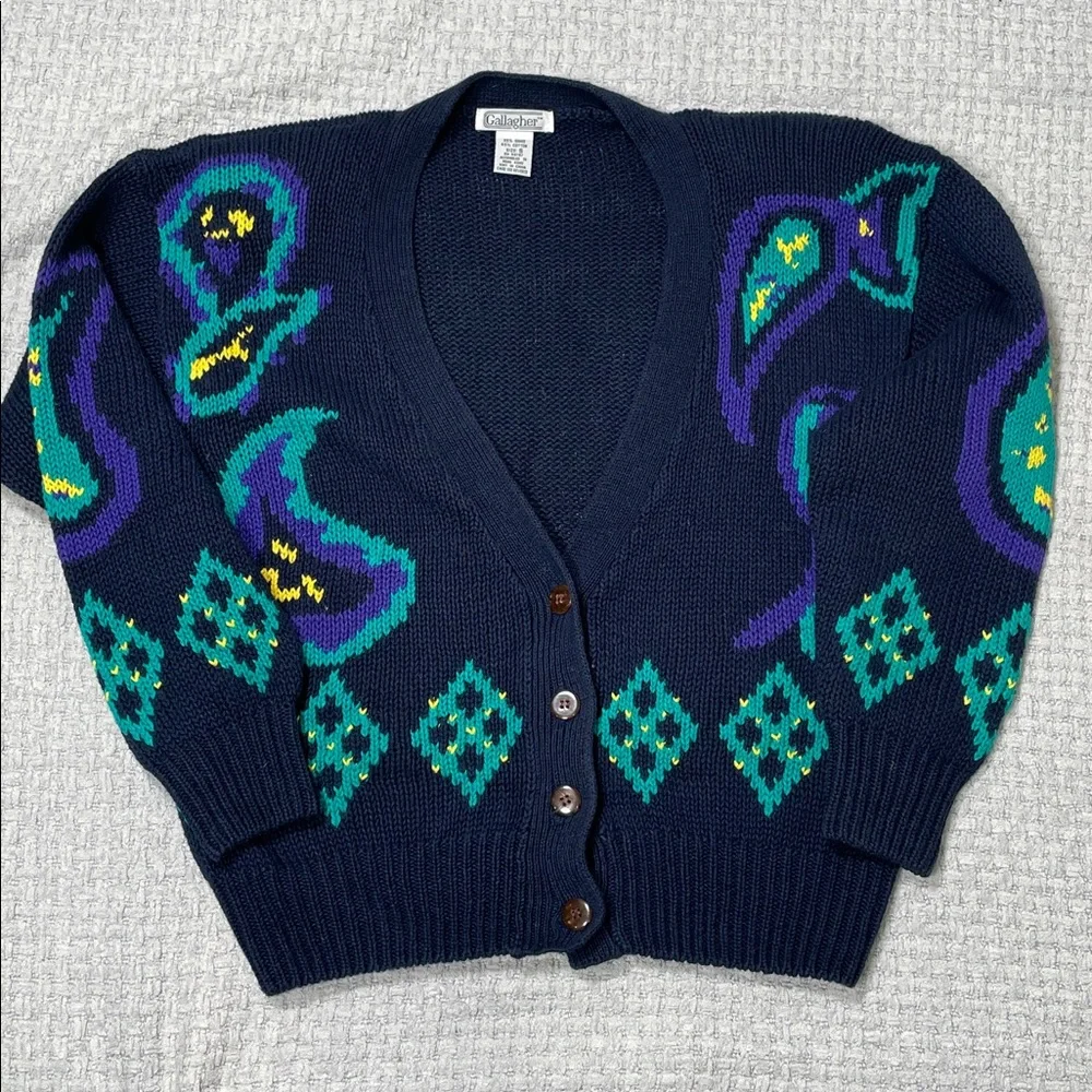 Vintage 90’s V-Neck Sweater Button up Cardigan Navy Teal Purple Size Small - Picture 6 of 15